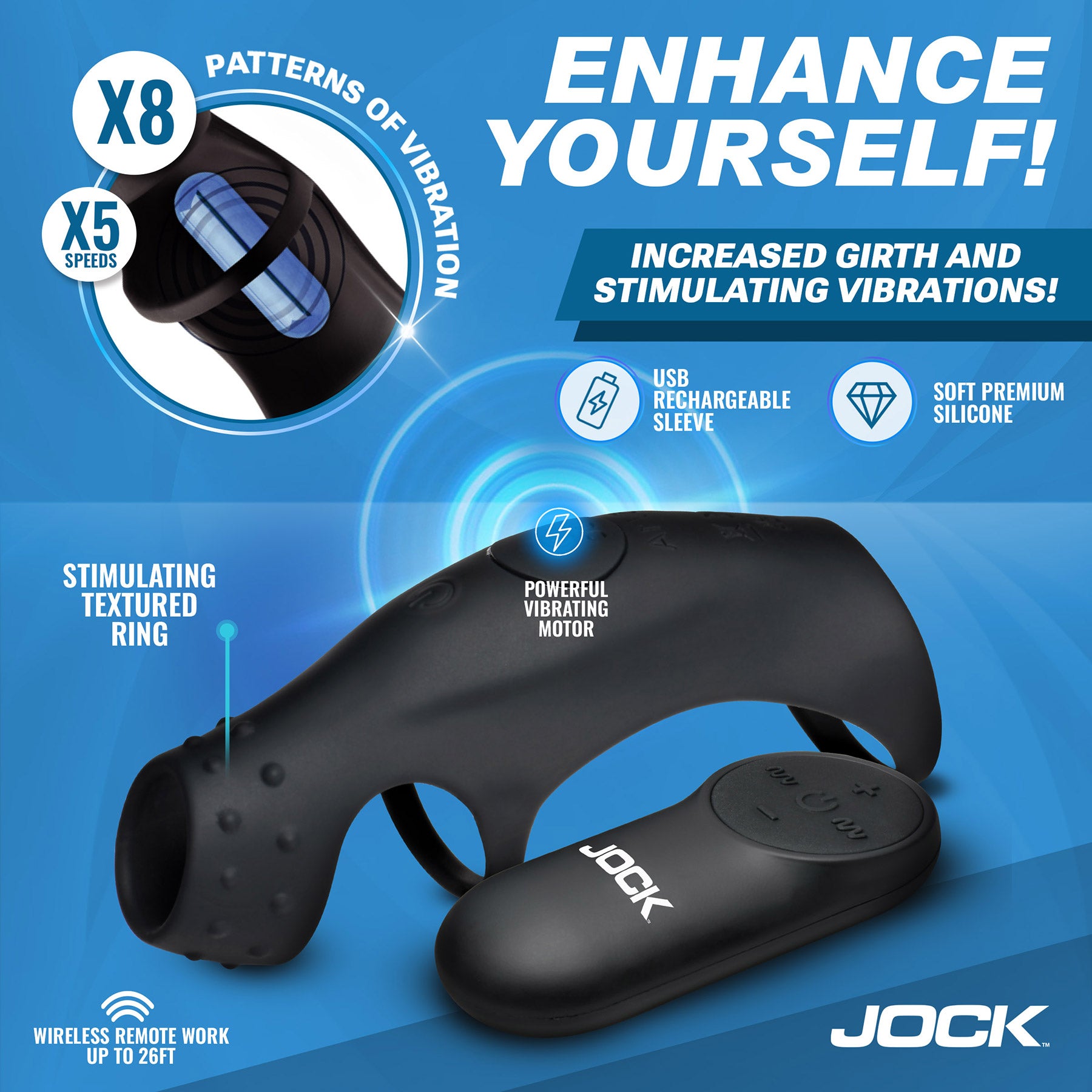 Jock Rush Vibrating Penis Sleeve Rechargeable Cock Ring With Remote — 2 | Men’s care devices | discreet sex toys USA